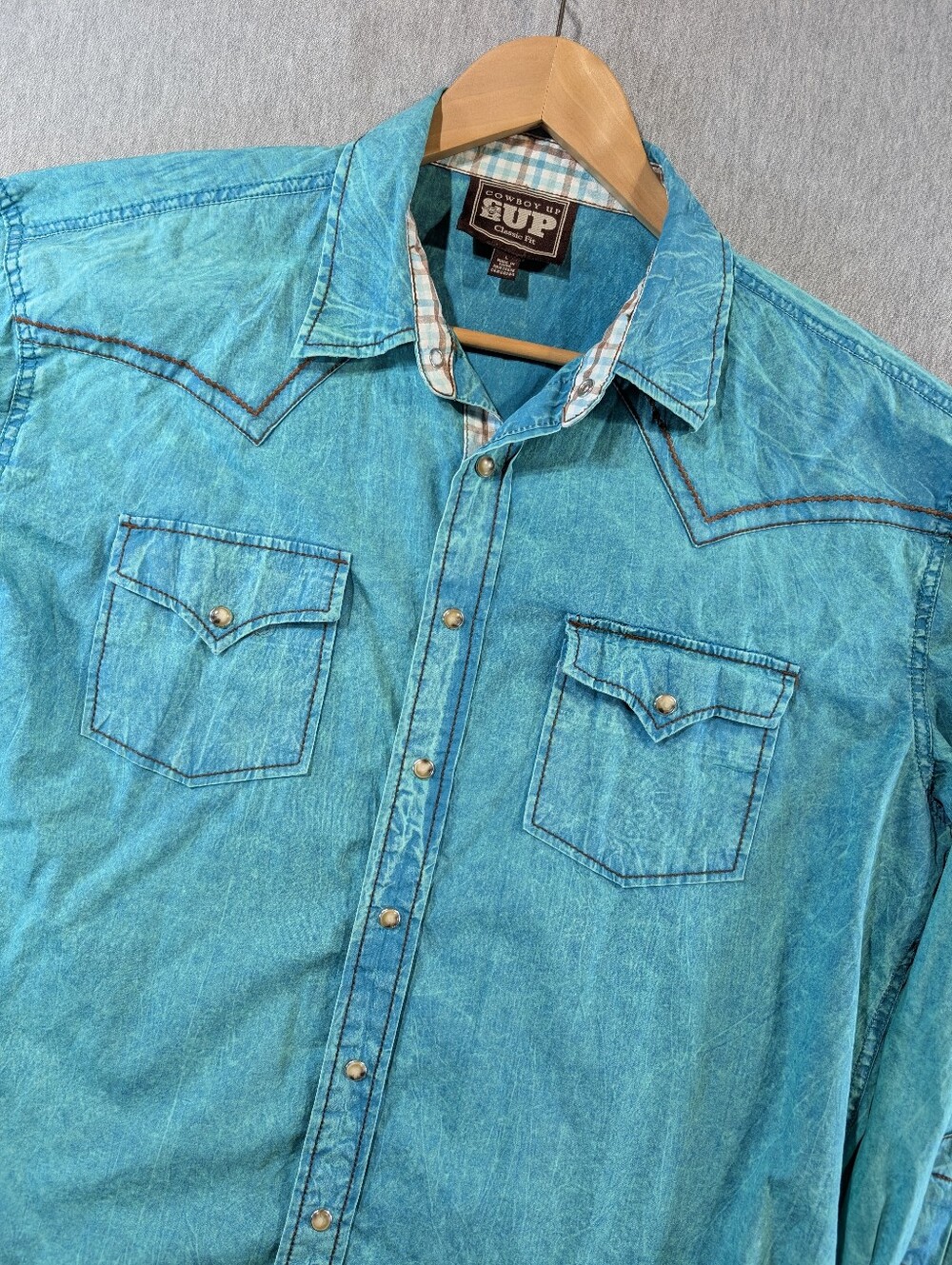 Cowboy Up Classic Fit Western Shirt Men's Large Stonewashed Green Pearl Snap